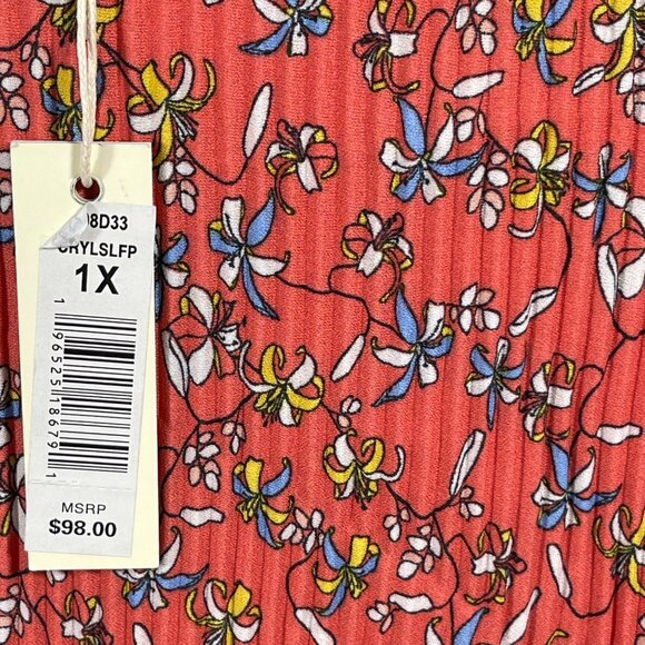 New Max Studio Pleated Tunic Top Orange Floral Size 1X Long Sleeve - Picture 6 of 8